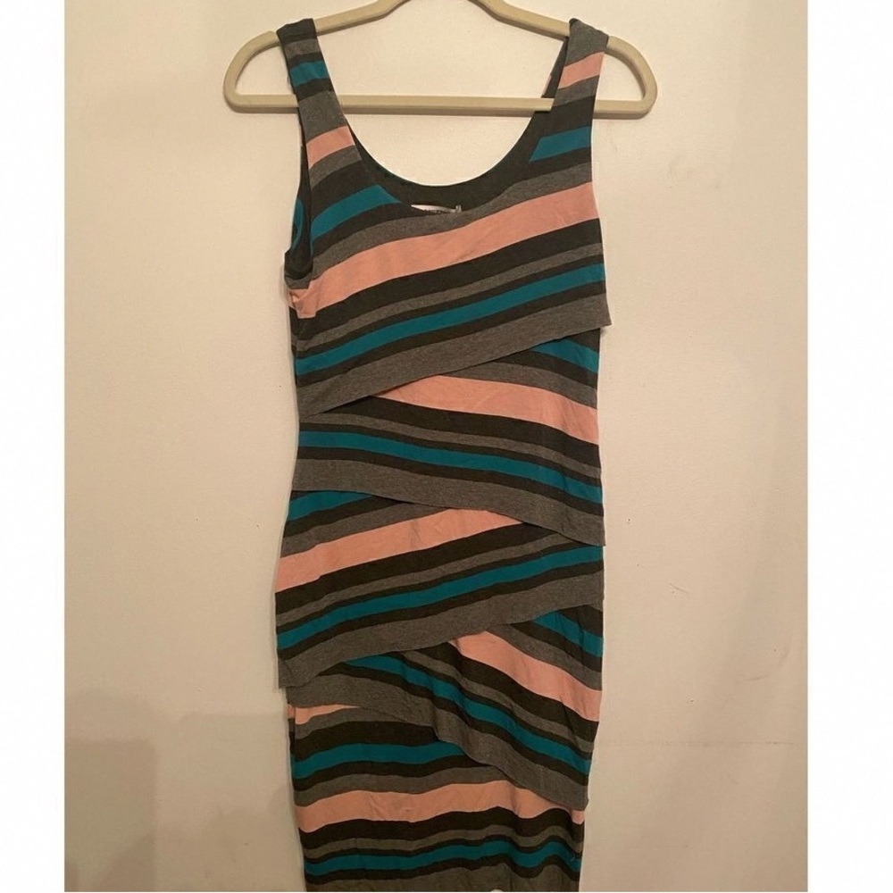 Bailey 44 Asymmetrical Dress with Pink, Teal, and Gray Stripes
